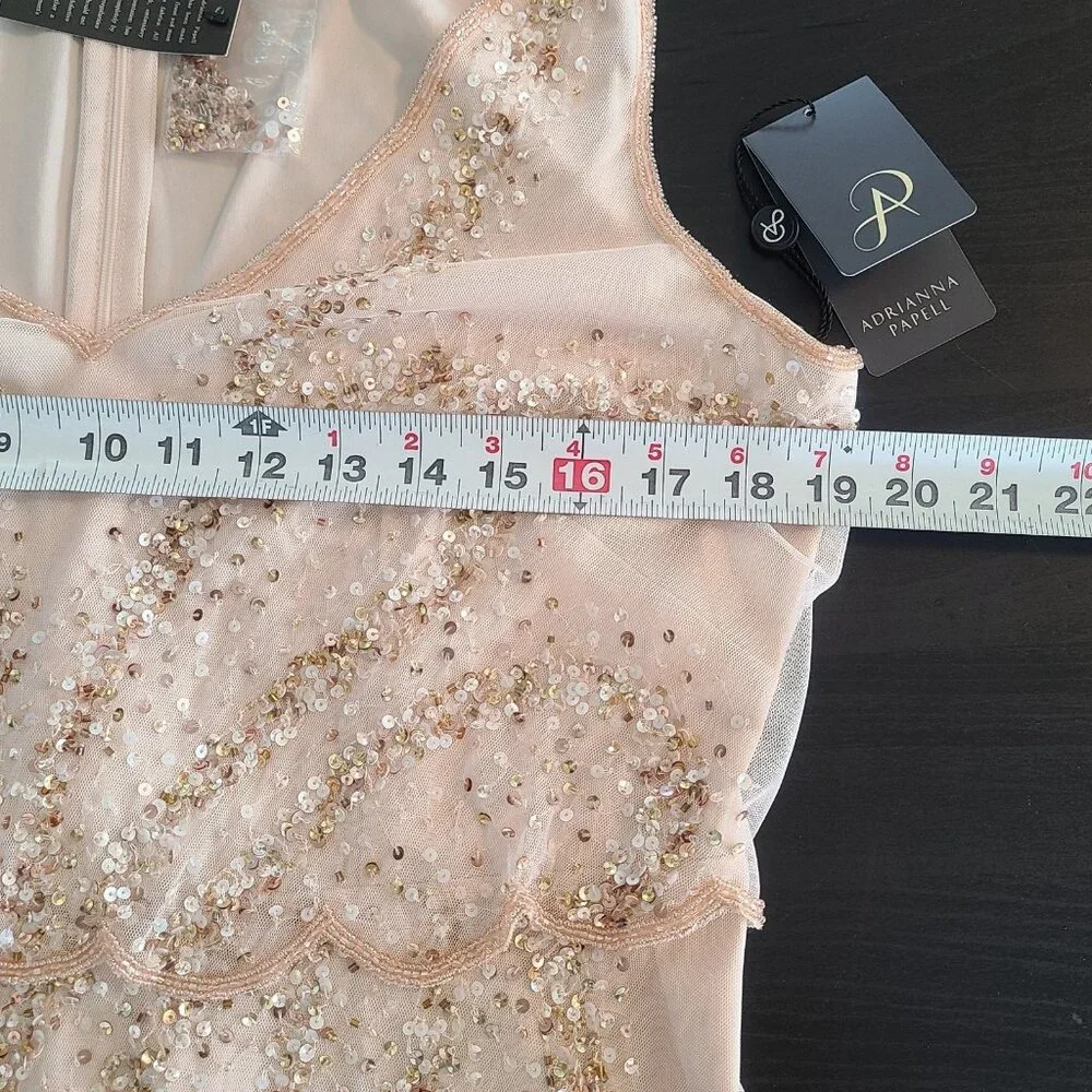 Adrianna Papell NWT Blush Beaded Art Deco Mesh V-Neck Cocktail Midi Dress 12